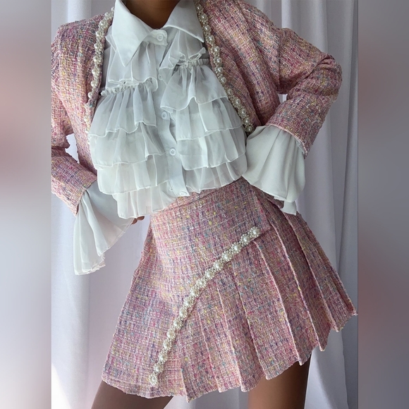 Set Chanelish Le Rose Pink Tweed Jacket And Skirt - Picture 8 of 16